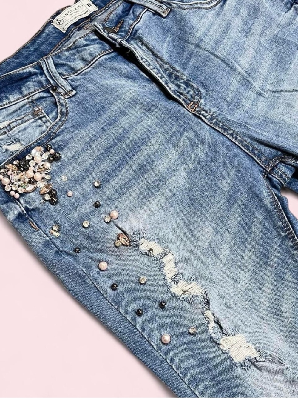 Angel Kiss Light Blue Distressed Skinny Jegging with Pearl & Rhinestone Accents